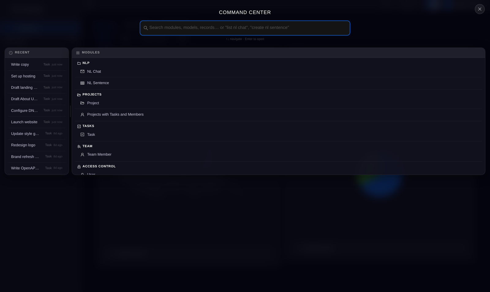 VeloIQ Command Center full-screen search palette